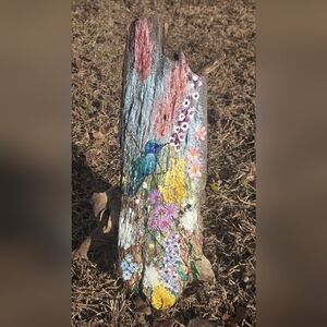Hand-Painted Floral and Hummingbird Art on Wood